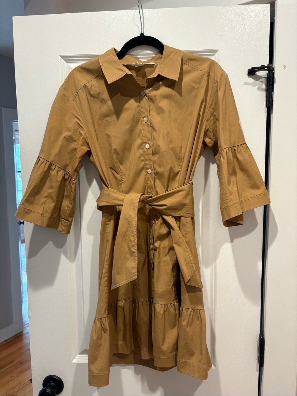 Veronica Beard Luriane Poplin Tie Waist Khaki Flounce Sleeve Cotton Dress - Picture 5 of 10